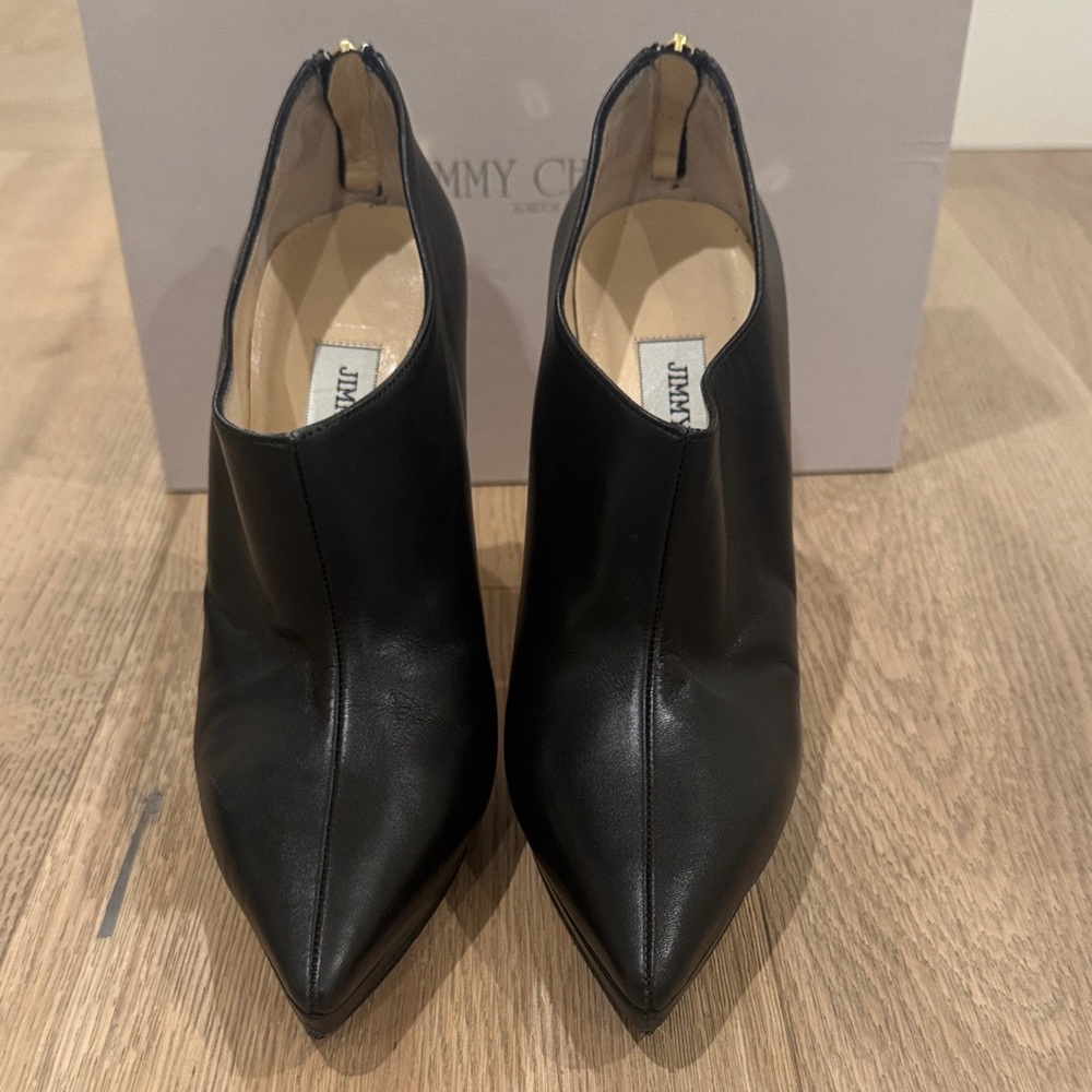 Jimmy Choo Black Leather Stiletto Pointed Heels Booties Zipper back - Picture 2 of 8